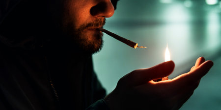 Homeless Adult Man Lightening Up Cigarette Addiction