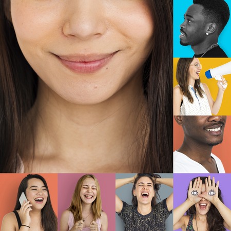 Collage of people face expression with smile happiness