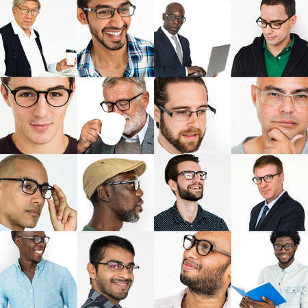 People Set of Diversity Men Wearing Eyeglasses Studio Collage