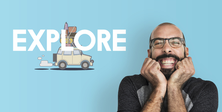 Man with illustration of discovery journey road trip traveling