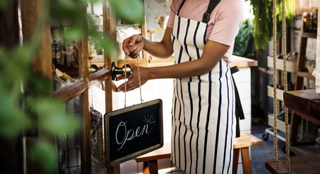 Adult Woman Open Door Hanging Open Sign
