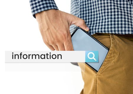 Hand holding digital device network graphic in pocket