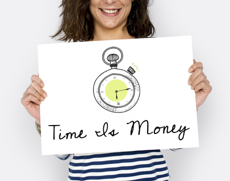 Woman holding banner network graphic overlay
