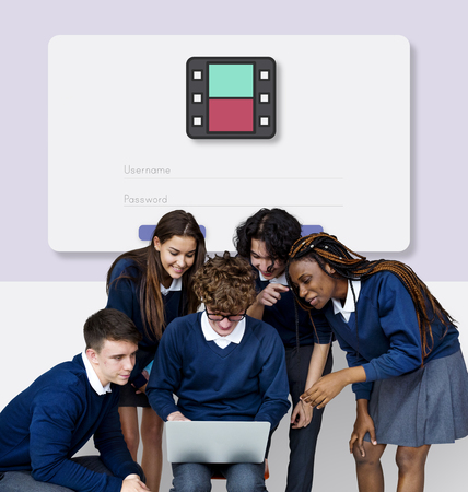 Group of students and digital device social connection