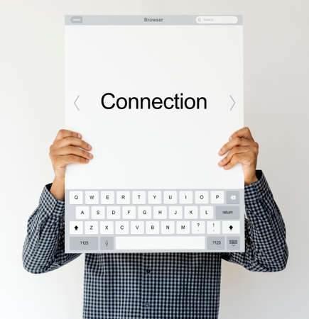 Hands holding network graphic overlay billboard covering face