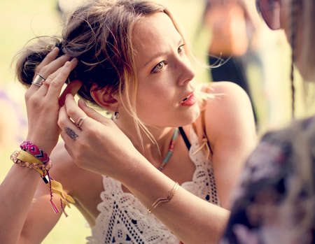 Caucasian woman with summer fashion for music festival