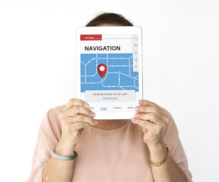 Woman holding network graphic overlay digital device covering face