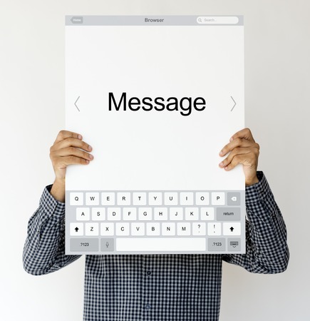 Hands holding network graphic overlay billboard covering face