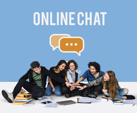 Group of teens together social technology concept