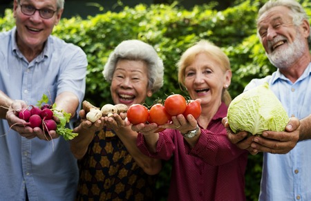 Diverse senior people holding vegetables in their hands
