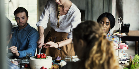 Friends Gathering Together on Tea Party Eating Cakes Enjoyment happiness