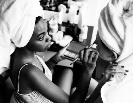 Diverse women with makeup cosmetics grayscale