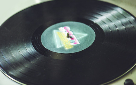 Closeup of vinyl disc turntable player