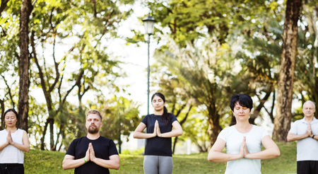 People doing yoga at the park