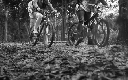 Group of friends ride mountain bike in the forest together