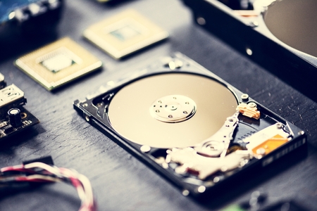 Closeup of computer hard disk drive
