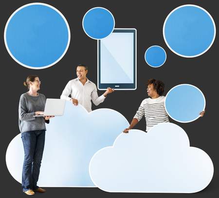 Happy people with cloud and technology icons