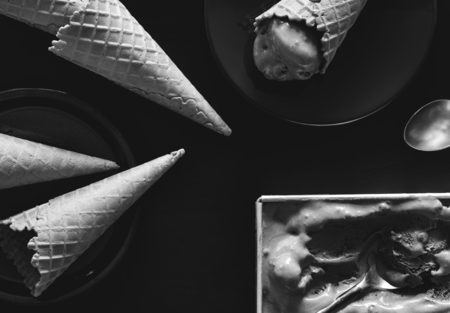 Dark chocolate ice cream and cones
