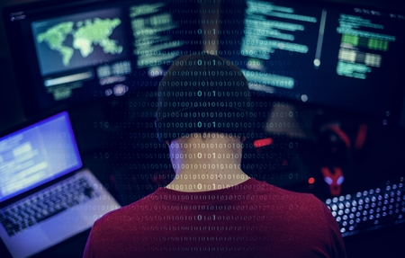 Programmer working about software cyberspace