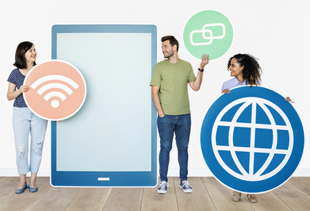 People with internet and digital device icons