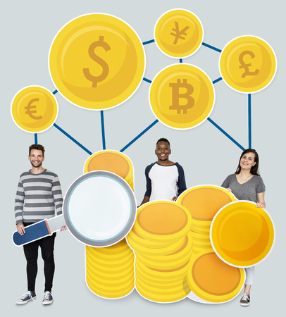 People with coin currency cardboard cutouts