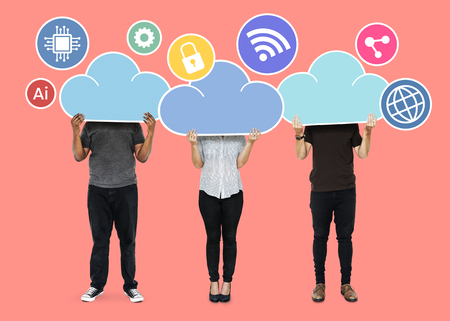 People with cloud network storage symbols