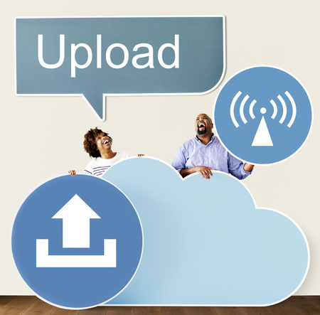 Happy people with cloud and technology icons