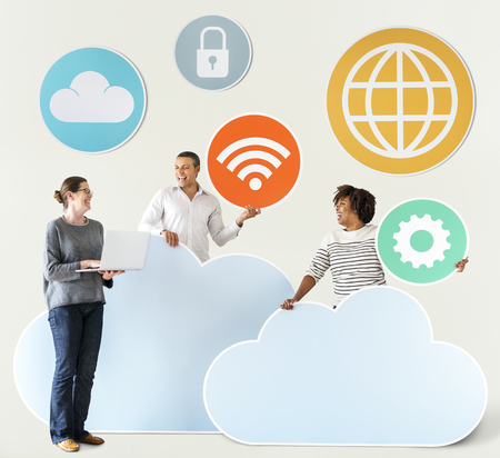 Happy people with cloud and technology icons