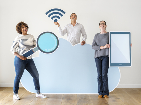 Happy people with cloud and technology icons