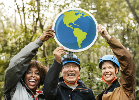 Group of environmentalists with globe icon