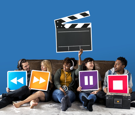 People holding media player icons and a clapper icon