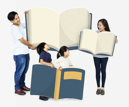 Happy family holding up books