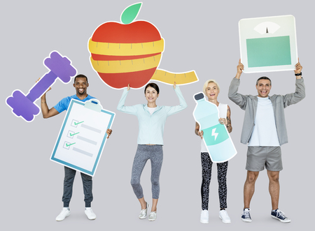 Group of diverse people holding health and fitness icons