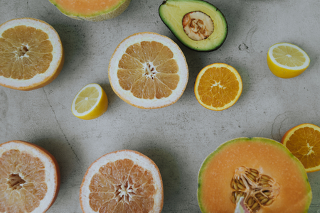 Flat lay of freshly cut fruits