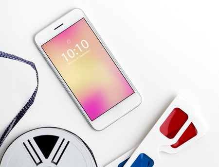 Mockup of a mobile phone with reel and 3d glasses