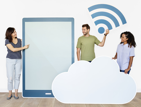 People holding different icons in wireless and cloud technology theme