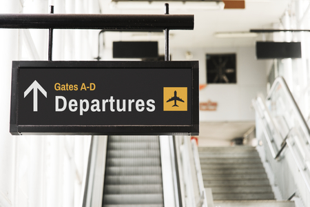 Foto de Hanging sign mockup in front of an escalator - Imagen libre de derechos