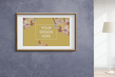 Wooden frame mockup on a purplish blue wall