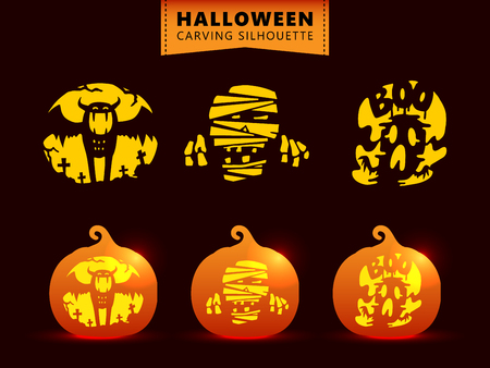 Set of silhouette pumpkin carving character template. Bat, mummy, ghost.のイラスト素材