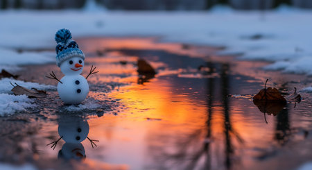 Snowman in the park at sunset. Beautiful winter landscape with snowman.の素材
