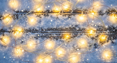 Christmas lights on a wooden background in the snow. Festive decoration.の素材