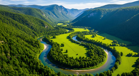 Aerial view of the river in the mountains. Beautiful summer landscape.の素材