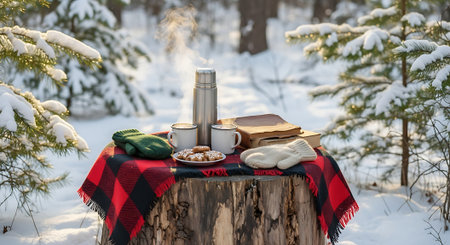 Picnic in the winter forest. Hot chocolate, cookies, a plaid and a flask on a stump in the snow.の素材