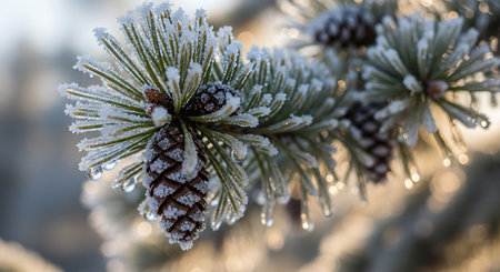 Pine branch with cones covered with hoarfrost in winter.の素材