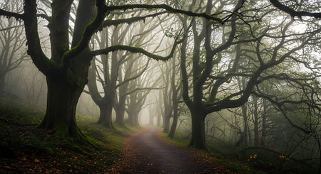Path through the forest in a mysterious foggy autumn morning. Panoramic imageの素材