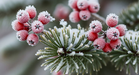 Frozen spruce branches with red berries covered with hoarfrostの素材