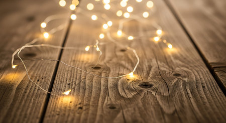 Christmas lights on rustic wooden background with copy space, selective focus.の素材