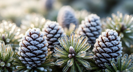 Pine cones covered with hoarfrost in the winter forest.の素材