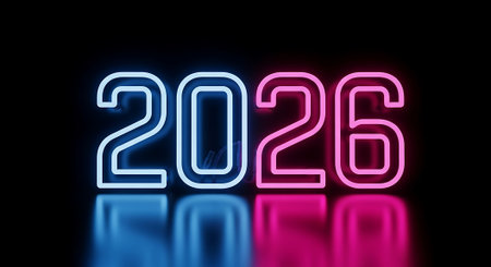 New Year 2026 glowing neon numbers on black background 3D renderingの素材