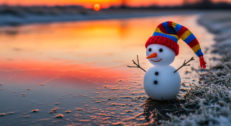 Snowman on frozen lake shore at sunset. Winter holiday concept.の素材